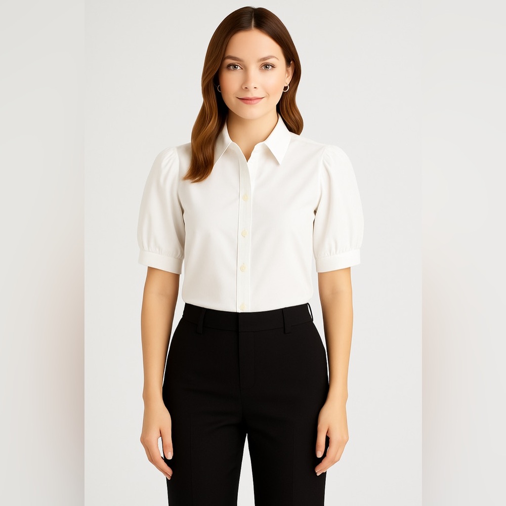 J.Crew Factory Puff Sleeve Button-Down Shirt Women L White Collared Cotton Blend - Picture 1 of 10